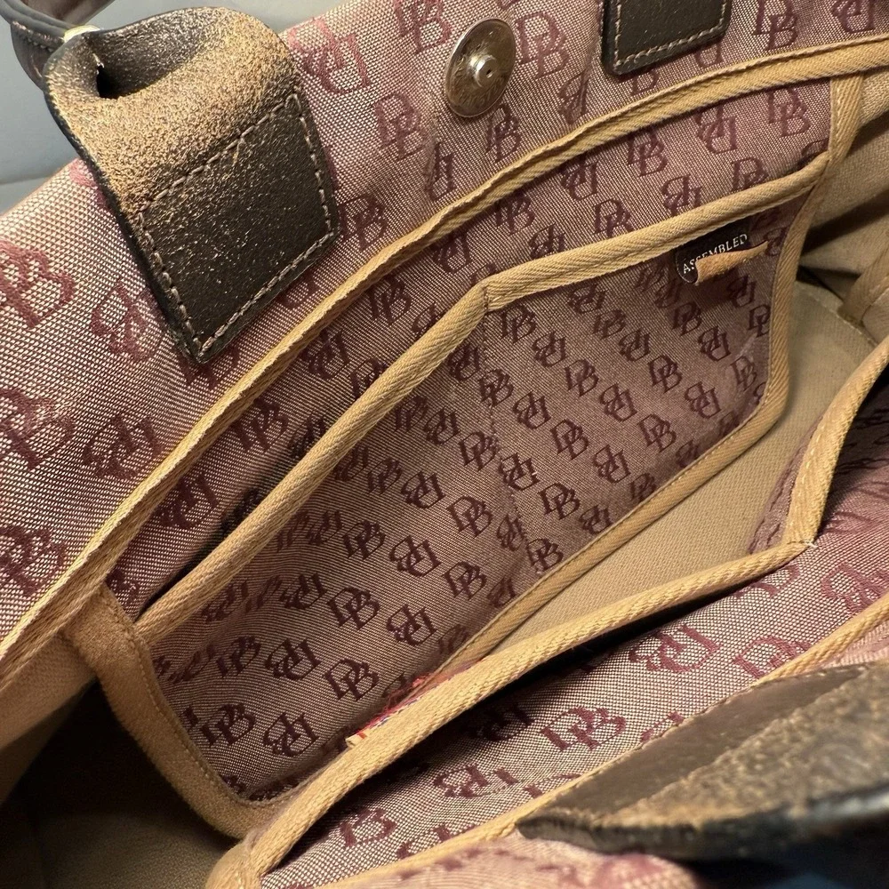 Dooney & Bourke Signature Canvas Satchel Logo Bag Double Leather Handles Tassels